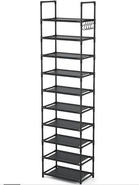10 Tier Shoe Rack Organizer Black Space Saving Closet Storage Shelf w/ Hooks NIB